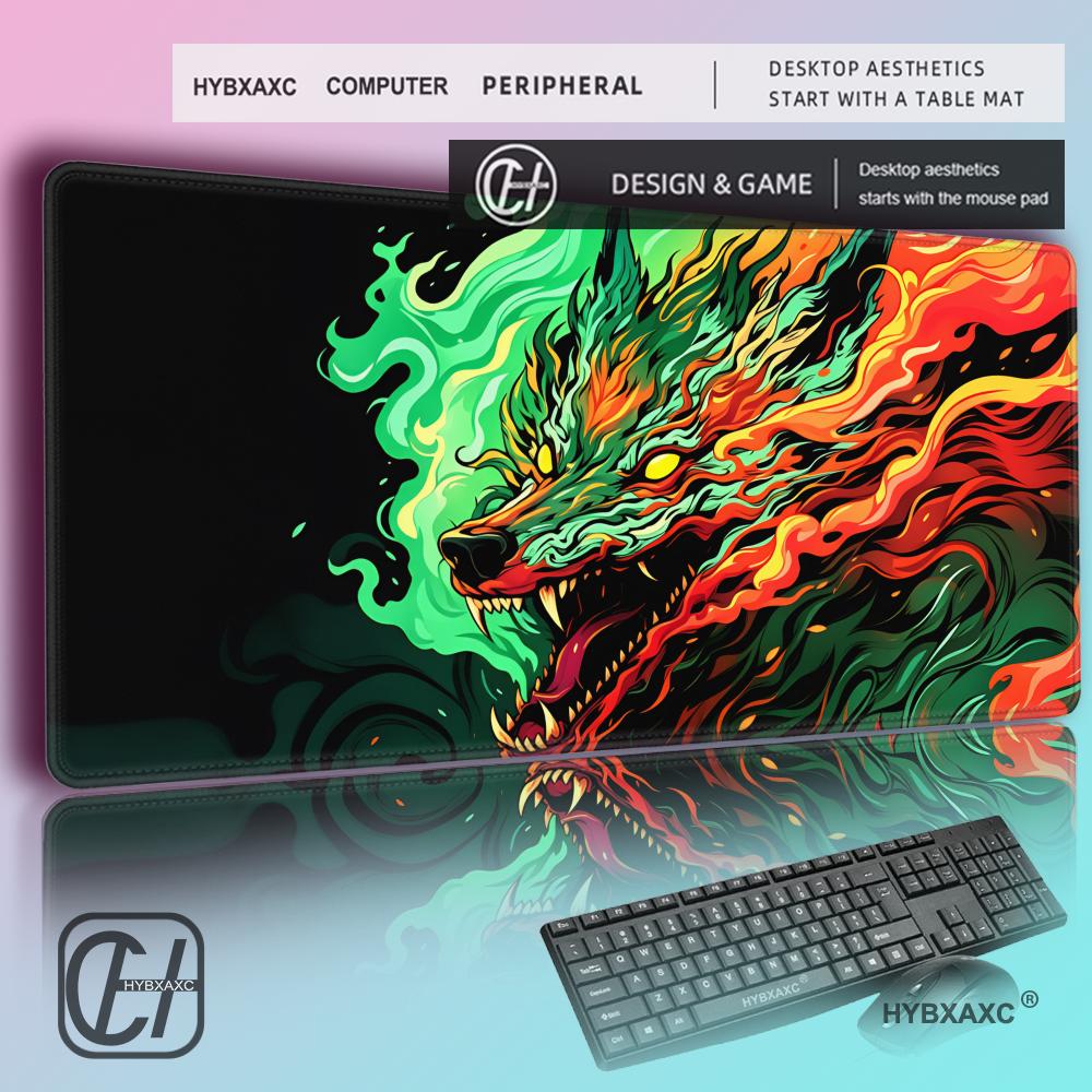Gaming Accessories Pack - แผ่นรองเมาส์เกมมิ่งขนาดใหญ่ HYBXAXC ลายหมาป่าขาวดำ ดีไซน์ราชาแห่งหมู่หมาป่า สำหรับเลื่อนใช้งานกับพีซี แล็ปท็อป