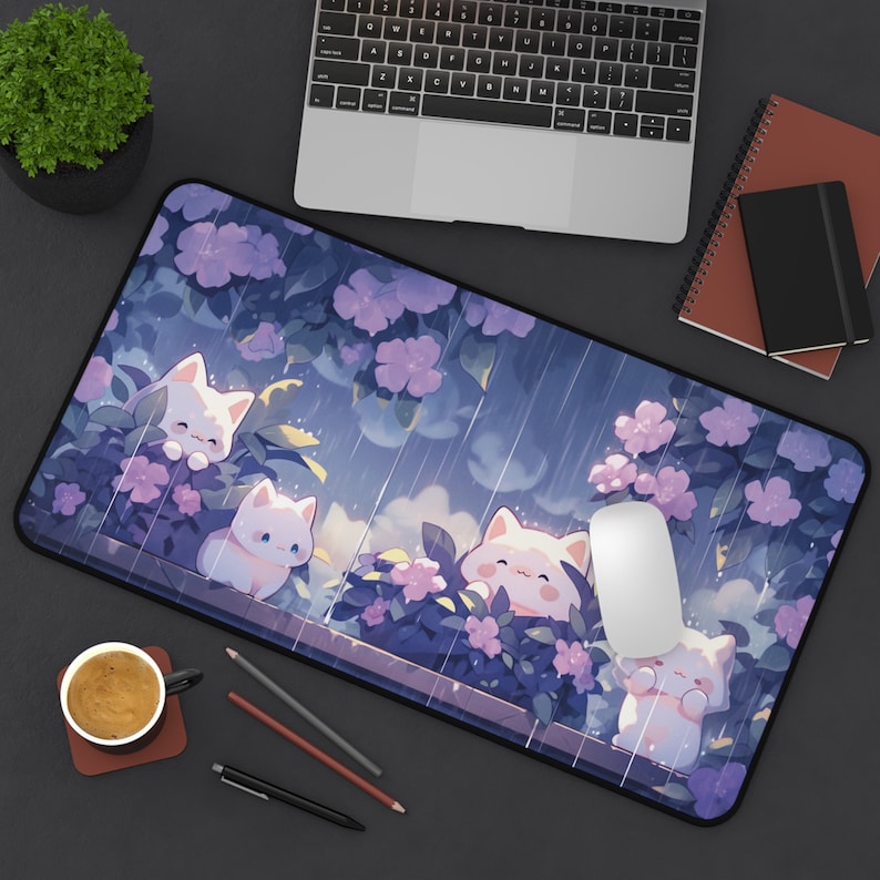 Gaming Accessories Officeworks - Kawaii แมวในสายฝนเมาส์ขนาดใหญ่ Pad 900x400 XXL สีม่วงโต๊ะ