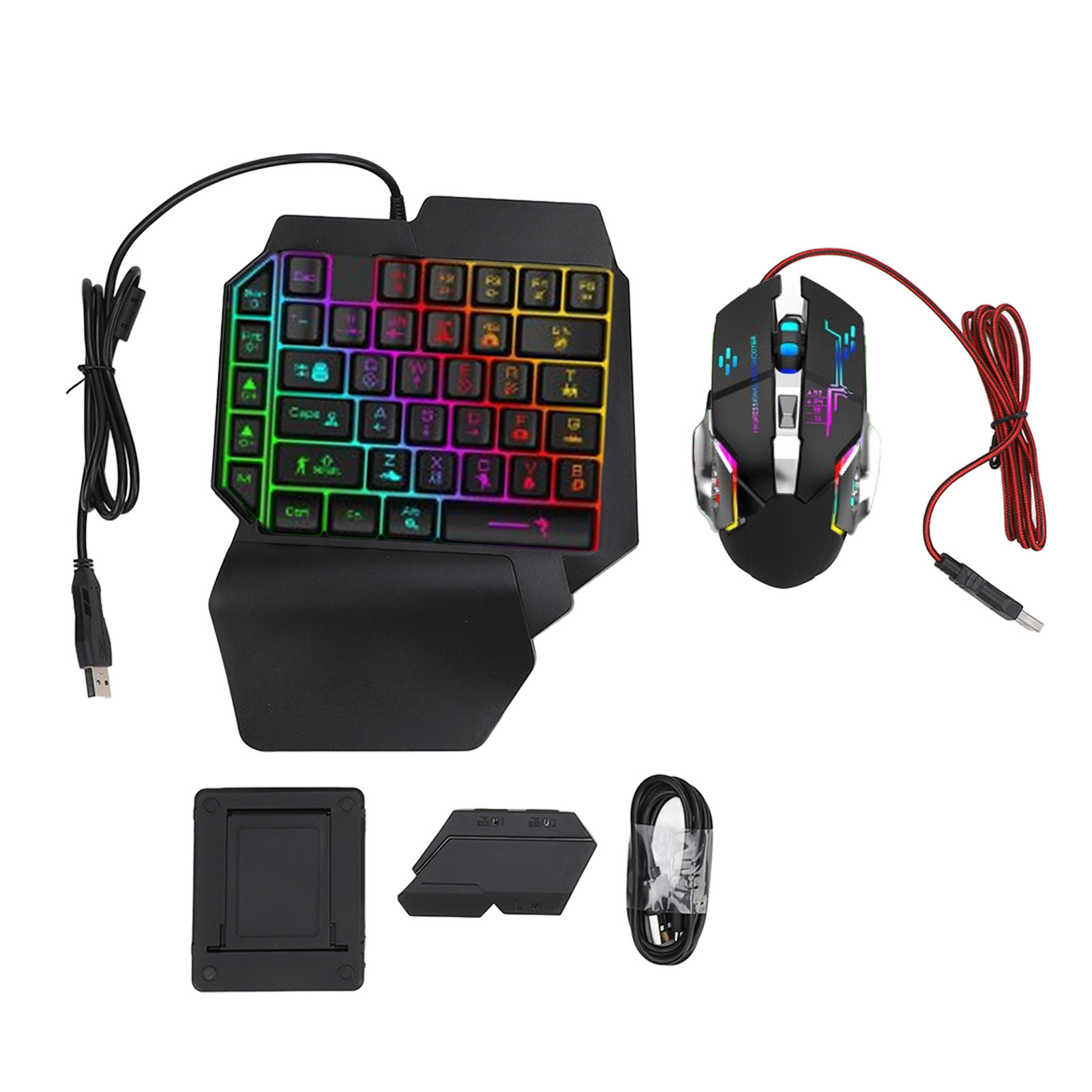 Gaming Accessories Combo - ชุดแปลงเมาส์คีย์บอร์ด ชุดคีย์บอร์ดเมาส์แบบมือเดียวที่ตอบสนองได้รวดเร็ว ชาร์จ 5V 2A พร้อมที่วางโทรศัพท์แบบปรับได้สำหรับเล่นเกม