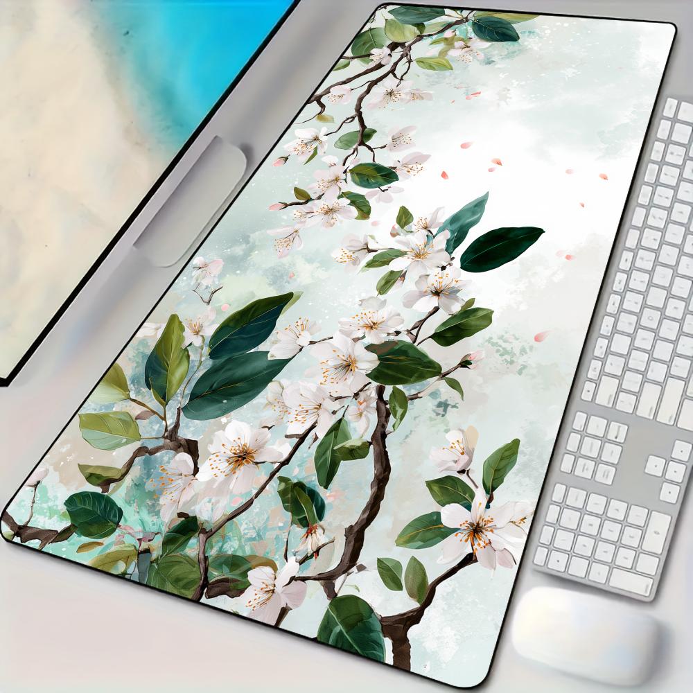 Gaming Accessories White - แผ่นรองเมาส์ลายดอกไม้สีขาวสุดหรู ขนาดใหญ่พิเศษ สำหรับโต๊ะคอมพิวเตอร์ สำนักงาน พรมรองเมาส์ XXL