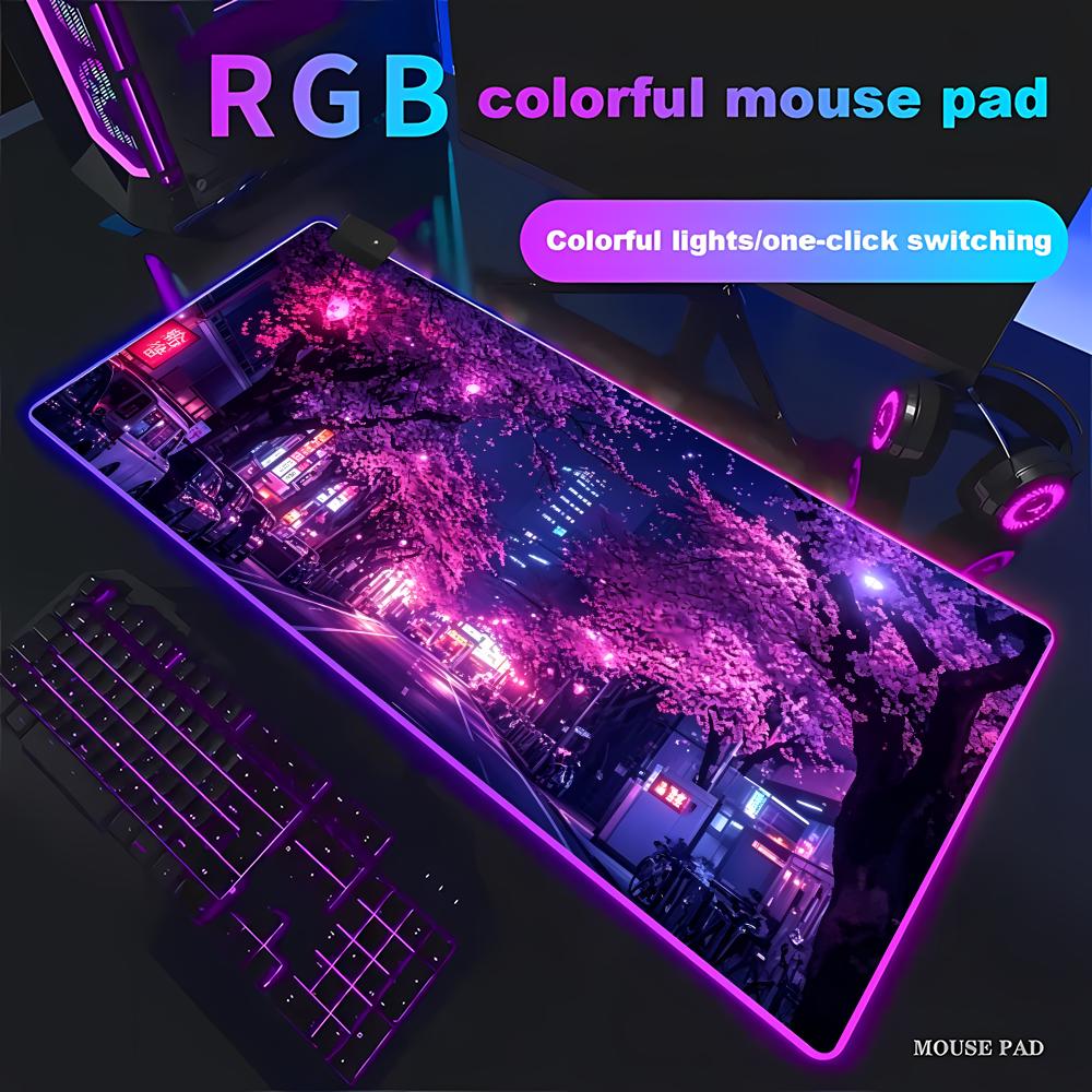 Gaming Accessories Officeworks - แผ่นรองเมาส์ RGB ลายถนนญี่ปุ่น สีม่วงซากุระ อุปกรณ์สำนักงาน แผ่นรองโต๊ะ