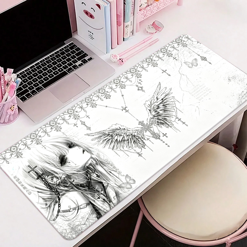 Gaming Accessories White - แผ่นรองเมาส์หนังสีดำสีขาวอะนิเมะความงามของสาวนางฟ้าแผ่นรองเมาส์อุปกรณ์สำนักงานคีย์บอร์ดเกมพีซีอีสปอร์ต HD แผ่นรองโต๊ะ