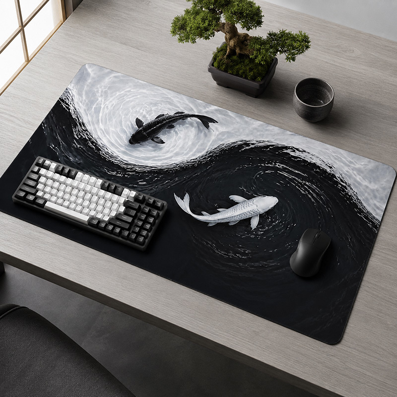 Gaming Accessories White - แผ่นรองเมาส์ลายปลาคาร์ฟสีดำขาว ขนาด XL สำหรับเกมเมอร์ แผ่นรองเมาส์ขนาดใหญ่ XXL
